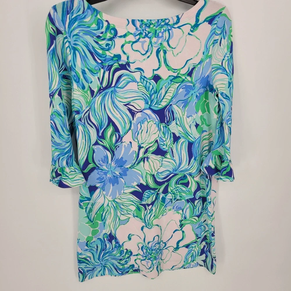 Lilly Pulitzer Shift Dress Kids XL 12-14 Floral Blue Green Ruffle Sleeve preppy